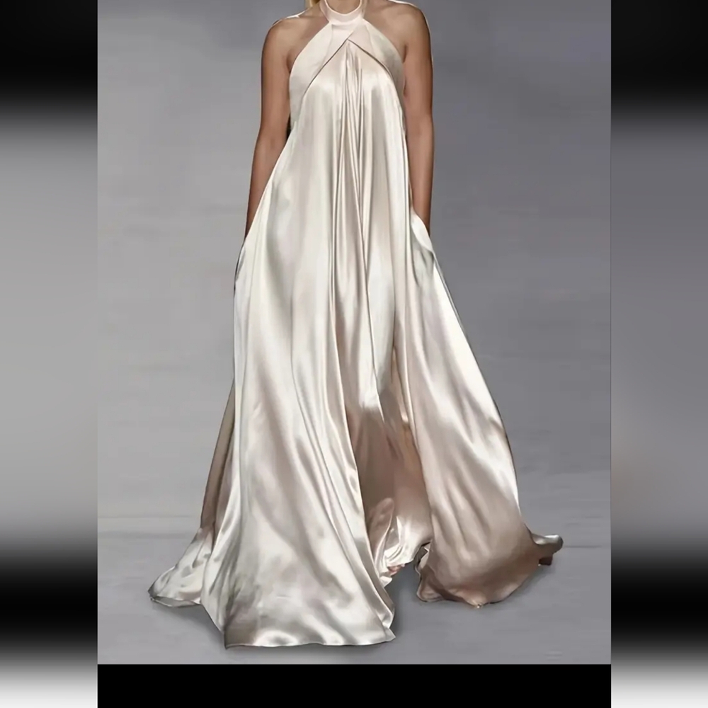 Elegant Cream Halter Neck Gown Formal Maxi Color Beige Woman Dress Flattering - Picture 7 of 7